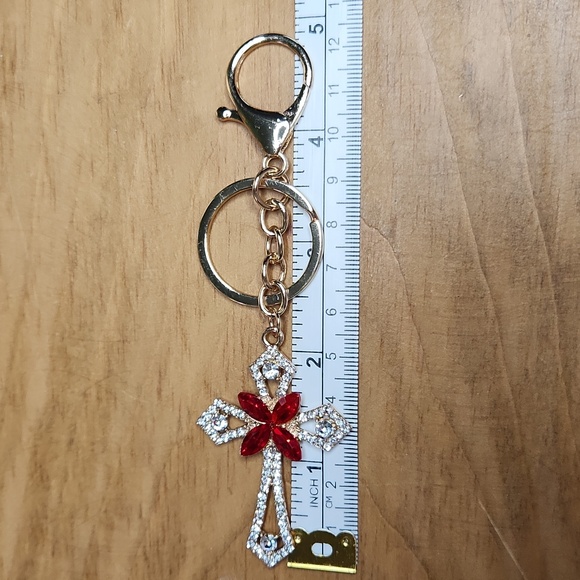 Mint Brand Gold Tone Red and Clear Crystal Cross Keychain/Bag Charm - Picture 4 of 4